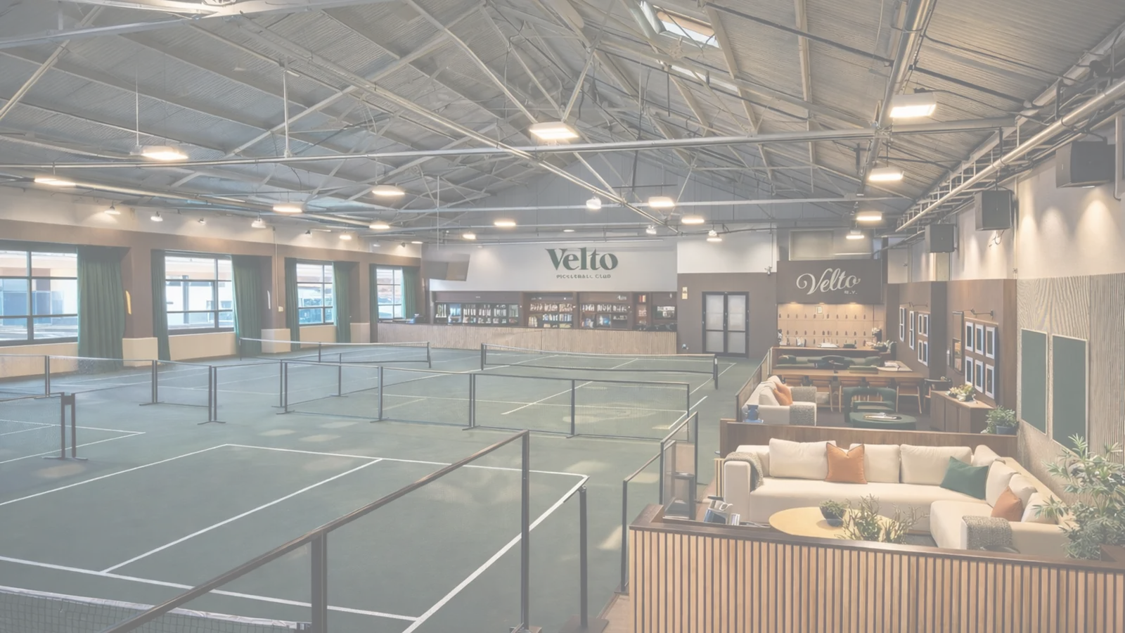 The lounge and locker area at Velto Pickleball Club in Red Hook, Brooklyn