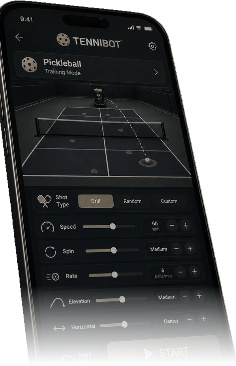 The Tennibot app showing the shot type, speed, spin, rate, elevation and horizontal controls