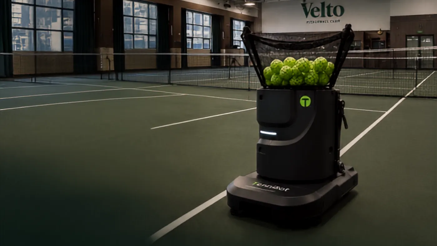 The Tennibot ball machine feeding a player on an indoor court at Velto